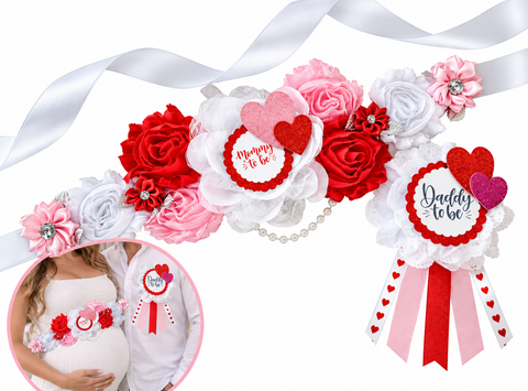 Valentine’s Sweetheart Mommy to Be Sash & Daddy to Be Pin Set – Red Pink White Baby Shower Gender Reveal Decorations