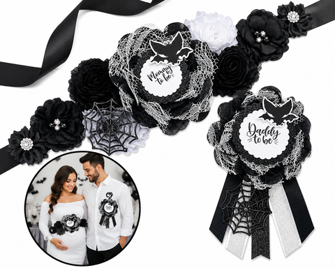 Black Bat Mommy to Be Sash & Daddy to Be Pin – Gothic Halloween Baby Shower Set