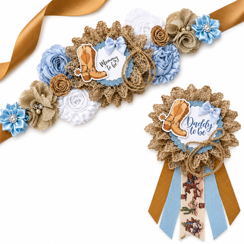 Western Cowboy Mommy to Be Sash & Daddy to Be Pin Set