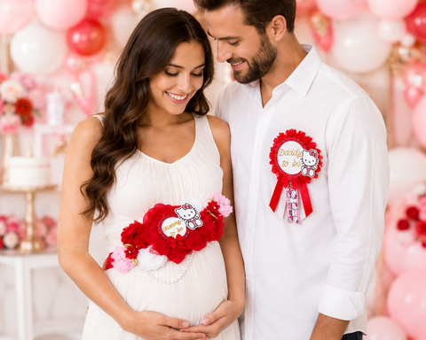 Red Hello Kitty Baby Shower Mommy to be Sash and Daddy Pin
