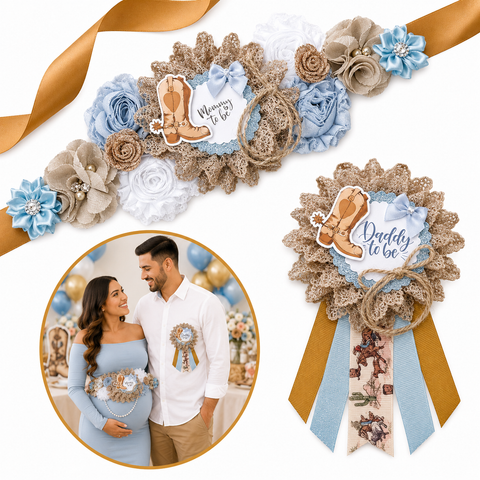 Western Cowboy Mommy to Be Sash & Daddy to Be Pin Set