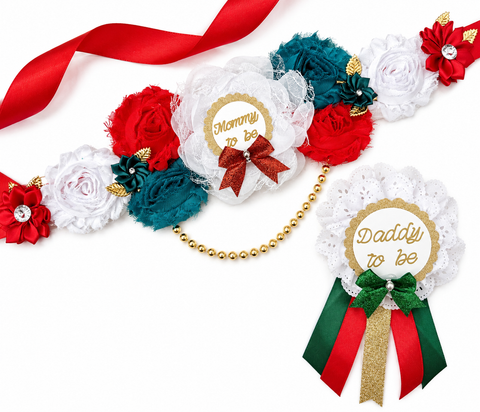 Merry Little Baby Shower Sash & Daddy to Be Pin Set | Christmas Baby Shower