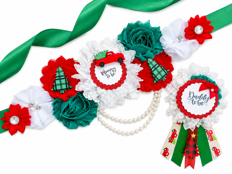 Christmas Holiday Truck Baby Shower Mommy to be Sash and Daddy Pin