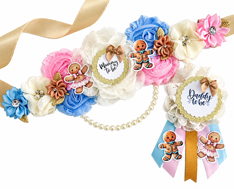 Gingerbread Mommy to Be Sash & Daddy to Be Pin Set | Christmas Baby Shower | Pink and Blue Gender Reveal