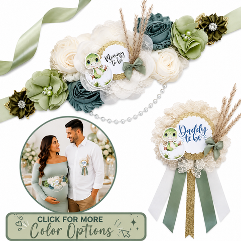 Sage Green Dinosaur Mommy to Be Sash & Daddy to Be Pin – Dino Baby Shower Set