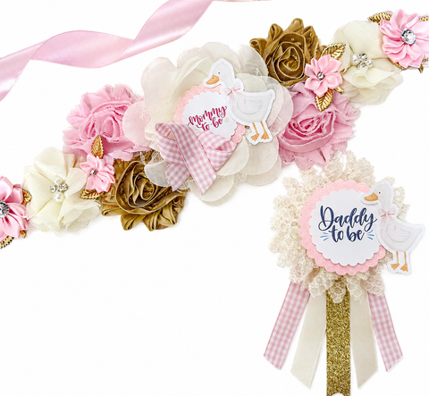 Pink Goose Mommy to Be Sash & Daddy to Be Pin Set – Baby Shower Maternity Sash