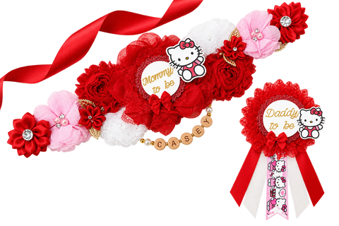 Red Hello Kitty Baby Shower Mommy to be Sash and Daddy Pin