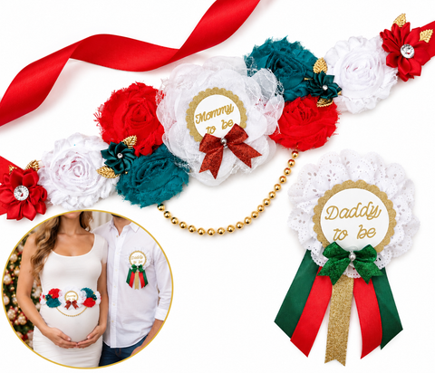 Merry Little Baby Shower Sash & Daddy to Be Pin Set | Christmas Baby Shower