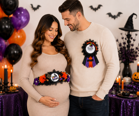 A Baby is Brewing Baby Halloween Shower Mommy to be Sash and Daddy Pin