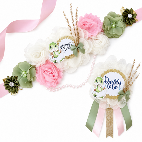 Sage Green Dinosaur Mommy to Be Sash & Daddy to Be Pin – Dino Baby Shower Set