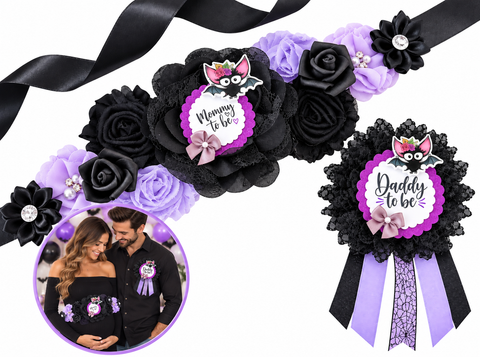 Halloween Bat Baby Shower Sash & Daddy To Be Pin Set – Purple & Black Mommy To Be Sash – Spooky Baby Shower Decorations & Parents To Be Gift