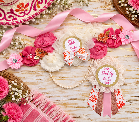 Cielito Lindo Baby Shower Sash & Daddy-to-Be Pin Set – Pink Mexican Fiesta Theme