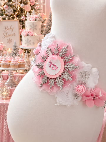 Pink Winter Wonderland Mommy to Be Sash & Daddy to Be Pin – Snowflake Baby Shower Set