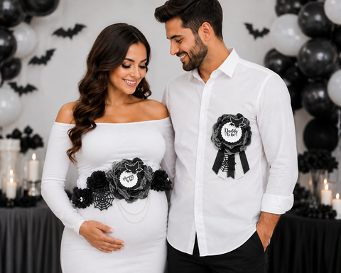 Black Bat Mommy to Be Sash & Daddy to Be Pin – Gothic Halloween Baby Shower Set