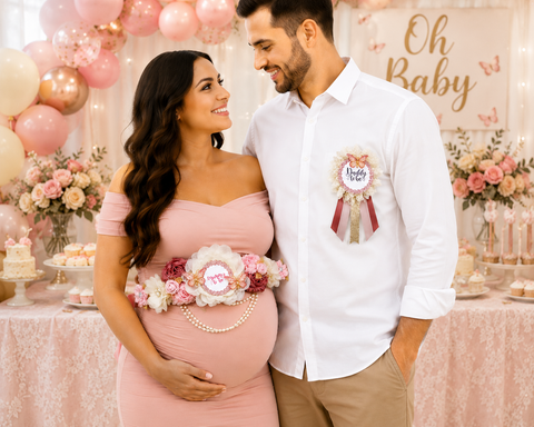 Pink and Gold Butterfly Baby Shower Mommy to be Sash and Daddy Pin