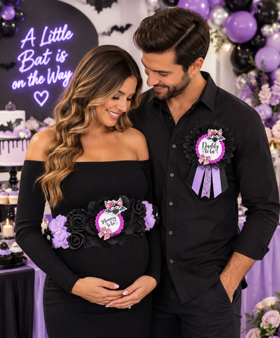 Halloween Bat Baby Shower Sash & Daddy To Be Pin Set – Purple & Black Mommy To Be Sash – Spooky Baby Shower Decorations & Parents To Be Gift