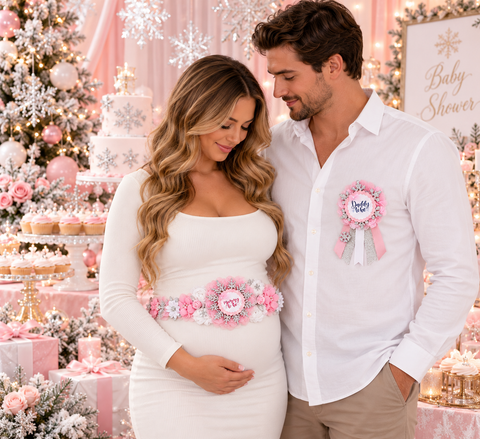 Pink Winter Wonderland Mommy to Be Sash & Daddy to Be Pin – Snowflake Baby Shower Set