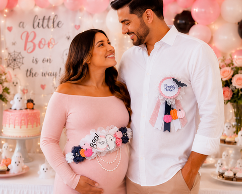 Little Boo Baby Shower Mommy to Be Sash & Daddy to Be Pin – Pink Ghost & Pumpkin Halloween Set