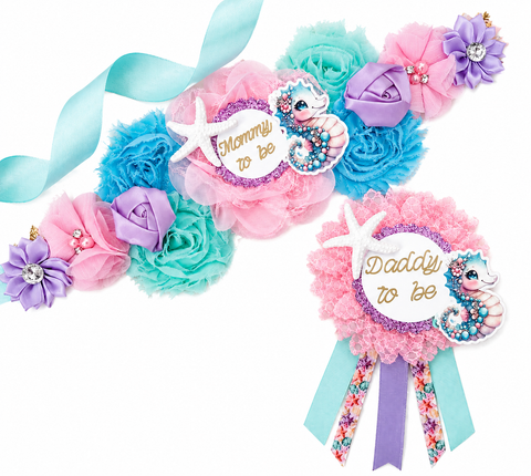 Seahorse Mommy to Be Sash Daddy to Be Pin Set, Under the Sea Baby Shower, Ocean Baby Shower Sash, Seahorse Baby Shower Gift