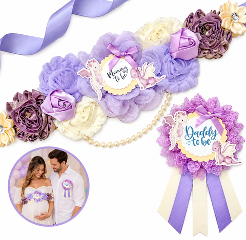 Purple Dragon Mommy-to-Be Sash & Daddy-to-Be Pin Set