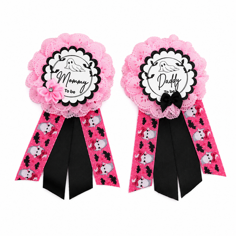Pink Ghost Mommy & Daddy To Be Pins – Halloween Baby Shower Badges - 2 Pack
