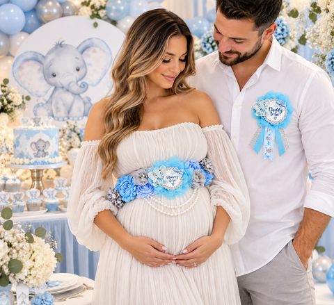 Blue Elephant Baby Shower Sash and Daddy to Be Pin Set, Mommy to Be Floral Sash, Boy Baby Shower Decorations, Elephant Baby Shower
