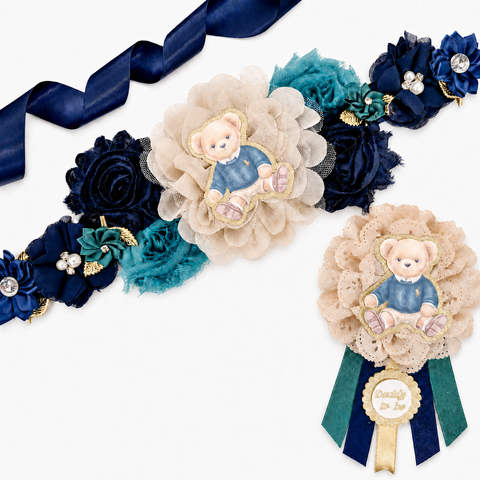 Teddy Bear Mommy to Be Sash & Daddy to Be Pin – Navy, Teal & Gold Baby Shower Set