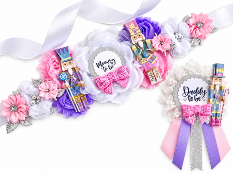 Nutcracker Christmas Baby Shower Badge Set – Mommy & Daddy to Be Floral Pins with Holiday Ribbon
