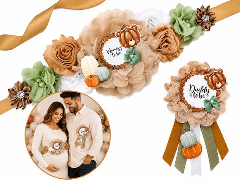 Fall Pumpkin Mommy-to-Be Sash & Daddy-to-Be Pin – Neutral Sage Baby Shower Set