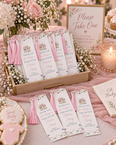 A Little Book for Baby Shower Bookmark Favors – Personalized Pink Floral Bookmarks with Tassels