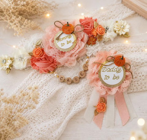 Fall Pumpkin Baby Shower Mommy-to-Be Sash and Daddy-to-Be Pin Set – Pink and Coral Floral Maternity Sash