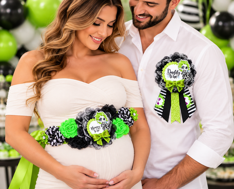Beetlejuice Inspired Mommy to Be Sash & Daddy to Be Pin – Green Black Baby Shower Set