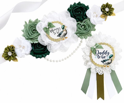 Duck Hunting Baby Shower Mommy to Be Sash & Daddy to Be Pin – Green Mallard Maternity Set