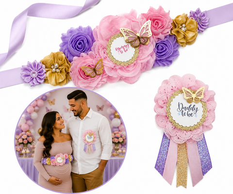 Purple Pink and Gold Butterfly Baby Shower Maternity Sash and Daddy Pin