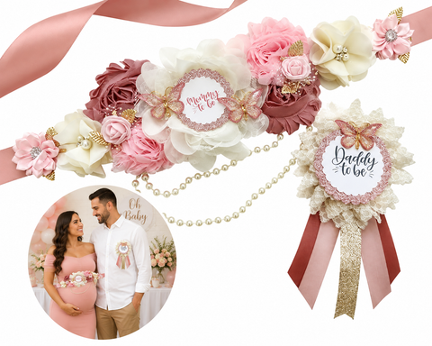 Pink and Gold Butterfly Baby Shower Mommy to be Sash and Daddy Pin