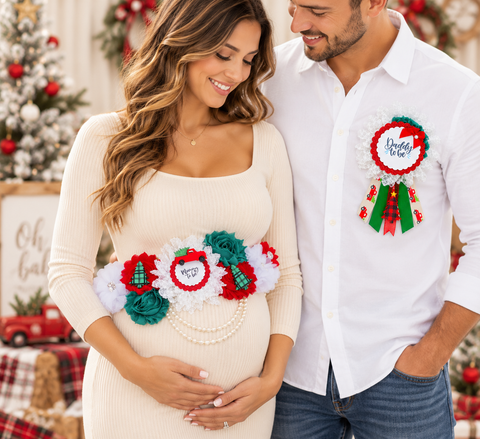 Christmas Holiday Truck Baby Shower Mommy to be Sash and Daddy Pin
