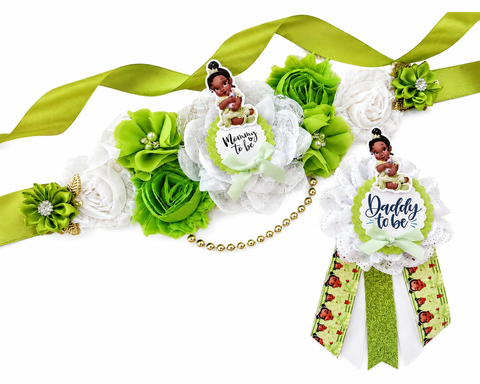 Princess Tiana Frog Mommy to Be Sash & Daddy to Be Pin Set – Green Baby Shower