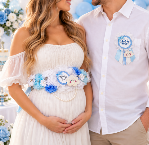 On Cloud Nine Baby Shower Mommy-to-Be Sash & Daddy-to-Be Pin | Blue Cloud Baby Shower Set