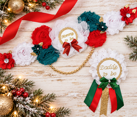 Merry Little Baby Shower Sash & Daddy to Be Pin Set | Christmas Baby Shower