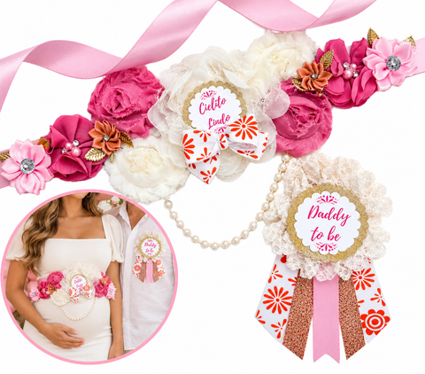 Cielito Lindo Baby Shower Sash & Daddy-to-Be Pin Set – Pink Mexican Fiesta Theme