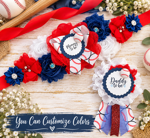 Baseball Baby Shower Mommy-to-Be Sash & Daddy-to-Be Pin | Little Slugger | Custom Team Colors