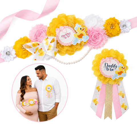 Rubber Duck Baby Shower Mommy to Be Sash & Daddy to Be Pin Set – Pink & Yellow