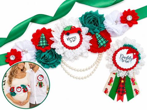 Christmas Holiday Truck Baby Shower Mommy to be Sash and Daddy Pin