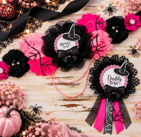 Pink & Black Witch Baby Shower Mommy to Be Sash & Daddy to Be Pin Set – Halloween Baby Shower