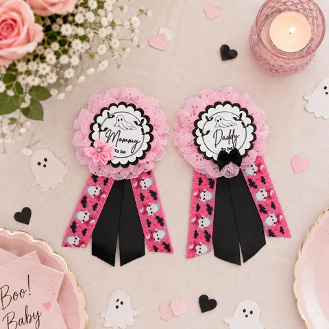 Pink Ghost Mommy & Daddy To Be Pins – Halloween Baby Shower Badges - 2 Pack