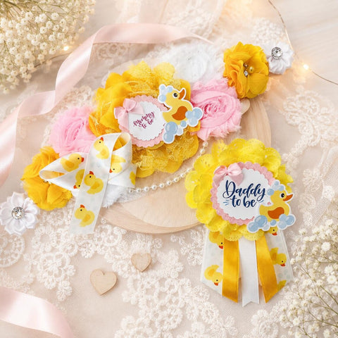 Rubber Duck Baby Shower Mommy to Be Sash & Daddy to Be Pin Set – Pink & Yellow