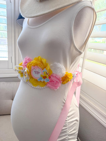 Rubber Duck Baby Shower Mommy to Be Sash & Daddy to Be Pin Set – Pink & Yellow
