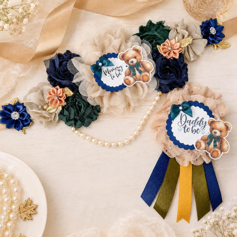 Navy Blue Teddy Bear Mommy-to-Be Sash & Daddy-to-Be Pin – Baby Shower Set