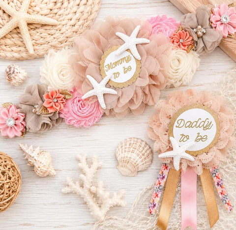 Coastal Starfish Mommy to Be Sash & Daddy to Be Pin Set – Beach Baby Shower