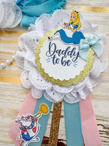 Alice in Wonderland Baby Shower Badge Set – Mommy & Daddy to Be Floral Pins with Pearls & Character Illustrations